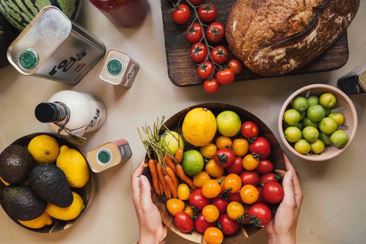Fresh fruits and vegetables arranged on a table.